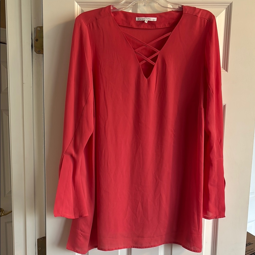 Women's Coral Blouse with Crisscross Neckline